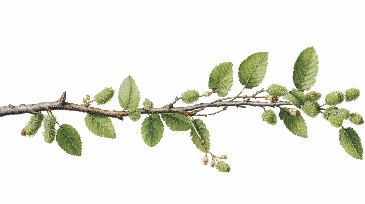 Närbild på alens blad, kottar och grenar